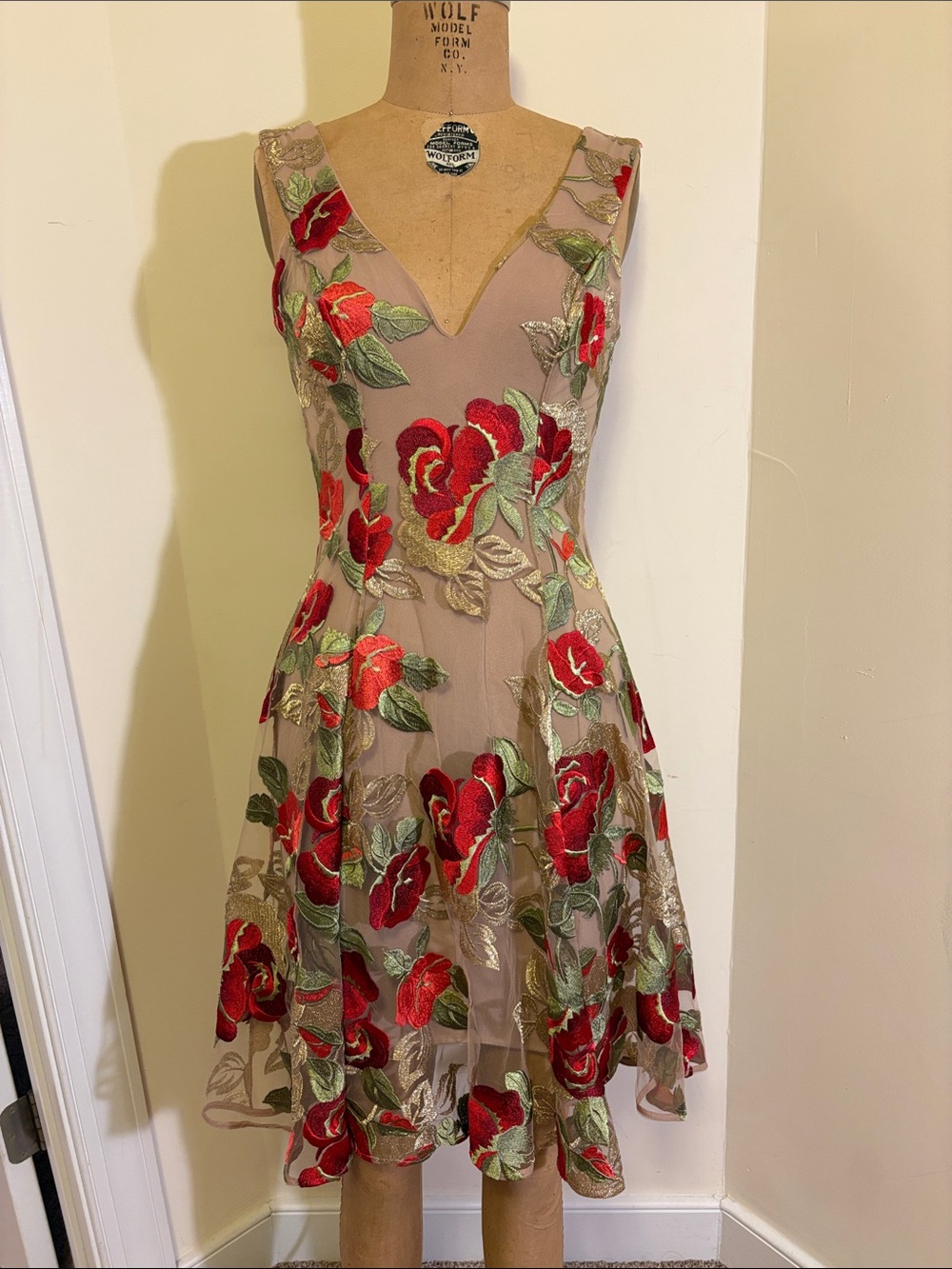 Dress the Population Beige Midi Dress with Red Floral Embroidery